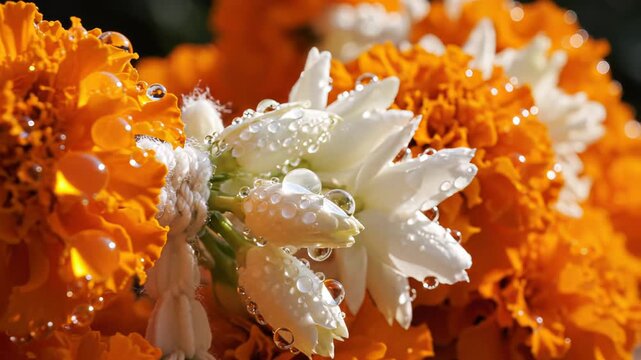 Close Up Of Orange Marigolds And White Jasmine Flowers With Water Droplets On A Sunny Day