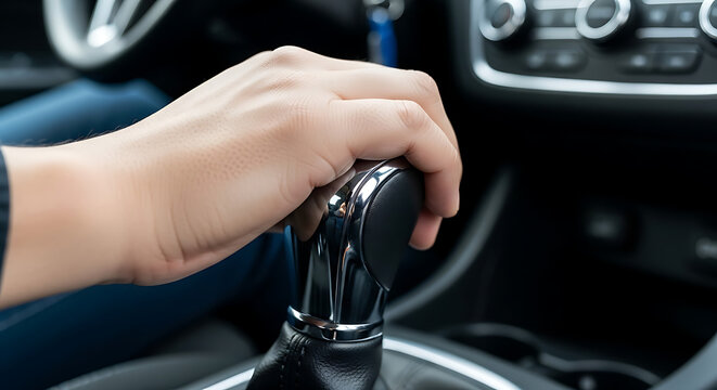 A hand shifts the manual gear stick of a vehicle in a close-up indoor shot
