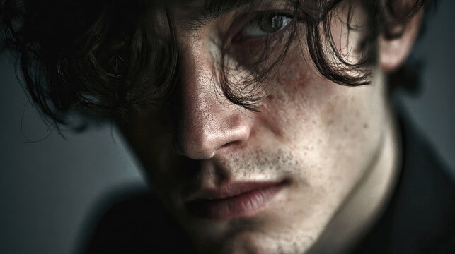 Mosaic of faces morphing men and women concept. Close-up portrait of a young man with curly hair, intense gaze.