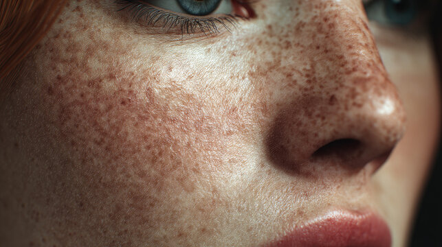 Timelapse of girl's transformation to old woman concept. Close-up portrait showing vivid freckles on a young woman's face.