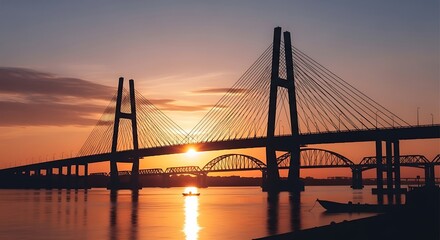 Obraz premium Cable-stayed bridge at sunset waterfront.