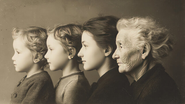 Timelapse of girl's transformation to old woman concept. Generational portrait of family members from youth to old age.