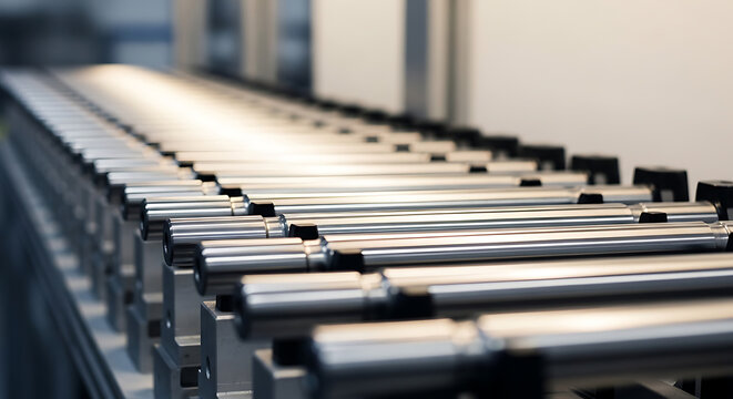 Industrial conveyor belt system in a manufacturing facility viewed from a close-up perspective showcasing machinery and equipment