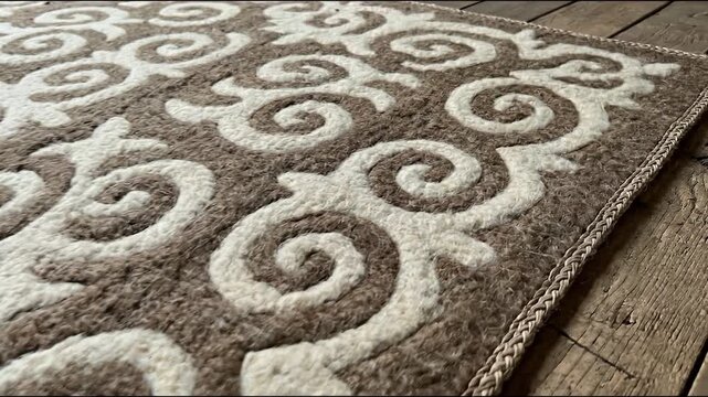 Warm ornamental Kazakh regional textiles with intricate patterns on rustic wooden floor. Traditional felt rug shows detailed craftsmanship