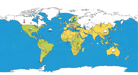Obraz premium A colorful world map with various marked locations on a white background, showcasing a mix of green, yellow, and blue hues with a predominantly flat design.