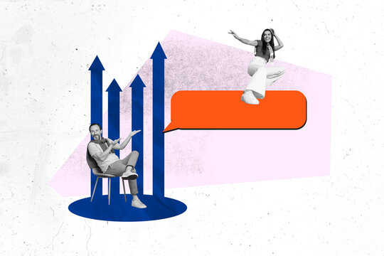 Template poster trend artwork 3D collage of goal charts trader business analyzing arrow up aged man hand showing young lady smile posing