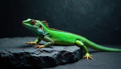 Fototapeta premium Green lizard rests on dark stone podium. Reptile shows scaly skin texture with vibrant colors. Animal has sharp claws and yellow eyes looking forward. Background is dark and blurry.