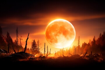 Ethereal Halloween Moon Rising Behind Jagged Silhouettes in Dramatic Forest Landscape