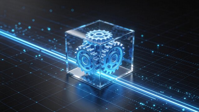Transparent cube with glowing gears inside,mechanical engineering and industrial automation concept on futuristic digital grid background