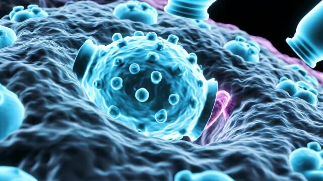 3D Render of Microscopic Bacteria Cells Attacking a Neuron with Neon Blue Cyan Glowing Rods on Black Background