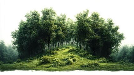 Obraz premium lush green grove on a grassy hill surrounded by morning mist, peaceful and serene