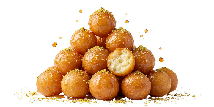 Golden Fried Dough Balls with Sweet Syrup Pistachios and Sesame Seeds