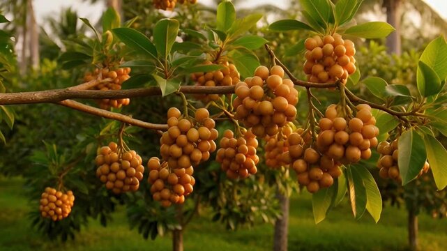 Close up of golden berries on a branch with lush green foliage