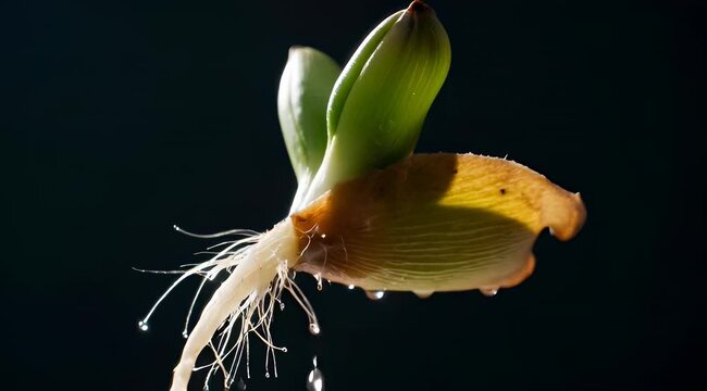 Macro closeup sprouting pea seeds timelapse showing germination process with vibrant green shoots and delicate roots developing against dark background.