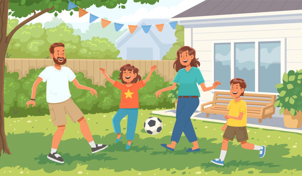 Happy family playing ball in the backyard. Vector illustration in cartoon style