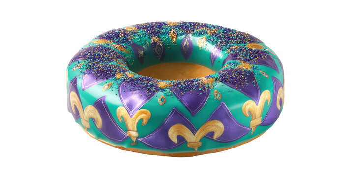A Whole King Cake Decorated with Purple, Green, and Gold Icing and Sprinkles on a Transparent Background. Cutout Element