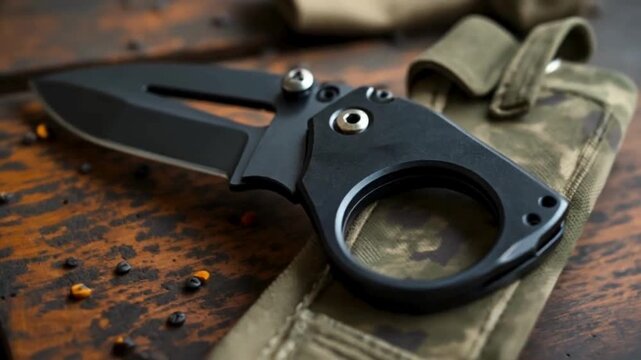 Black tactical folding knife on military camouflage background. Ideal for themes of survival, military, adventure, or self-defense.