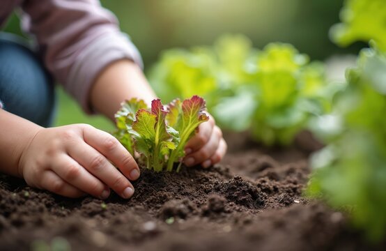 Childs small hands plant small green seedling in rich brown garden soil. Fresh leaves grow upwards towards sunlight. Outdoor nature activity for kids learning about food.