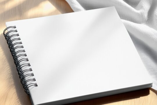 blank spiral bound square sketchbook resting on a wooden table and white cloth lit by warm sunlight with soft shadows, calm and inviting for creativity