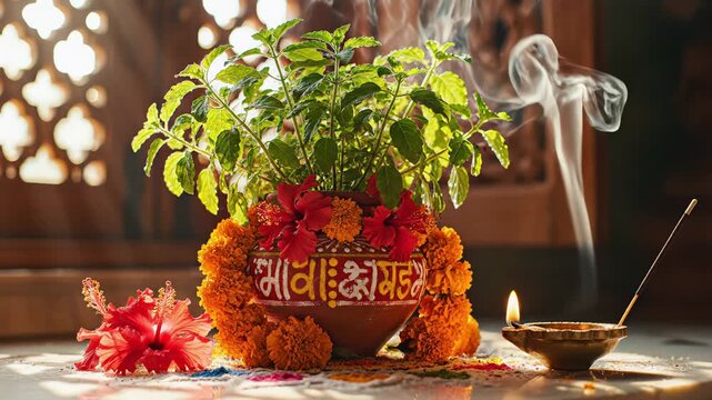 Tulsi Plant Decorated With Flowers And Lit Diya With Incense Smoke In Warm Sunlight