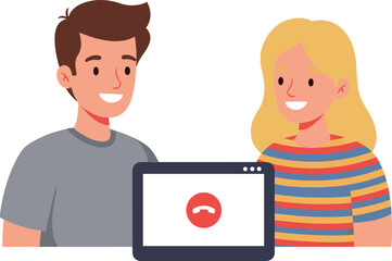 Man and woman smiling with laptop showing call end button couple