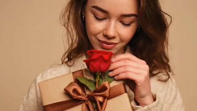 A beautiful young woman with long, flowing hair holds a carefully wrapped present adorned with a luxurious brown ribbon and a vibrant red rose. Her eyes are gently closed as she smiles softly, conveyi