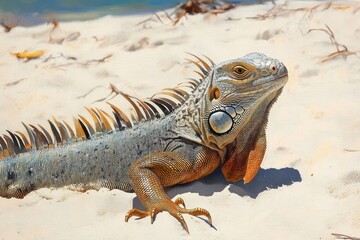 Fototapeta premium Sunlit green iguana with orange dewlap and spiky crest basking on white sandy beach, calm alert expression