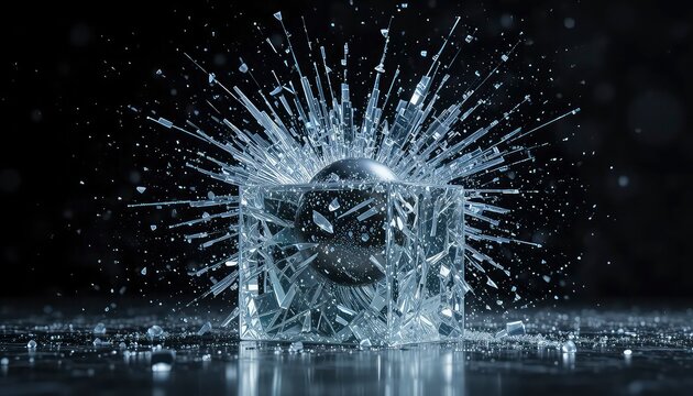 Exploding ice cube with shards flying everywhere in dark background