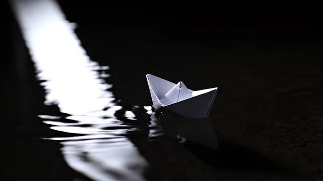 A solitary white paper boat gracefully navigates across a dark and reflective water surface creating gentle ripples under dramatic lighting