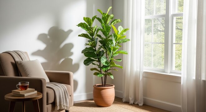 Serene living room corner with a large potted fiddle leaf fig plant by a sunny window.