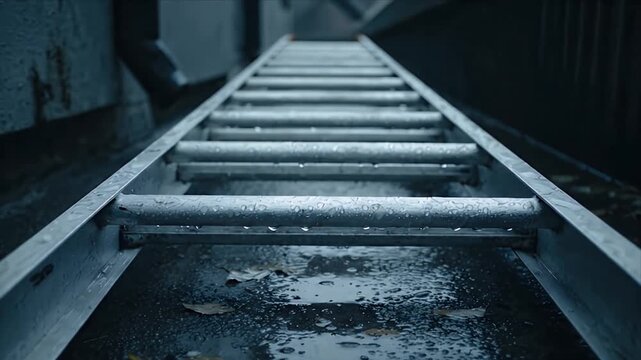 A Wet Metal Ladder Leads Upwards on a Grimy Industrial Path With Fallen Leaves and Water Droplets Illuminated by Gloomy Daylight