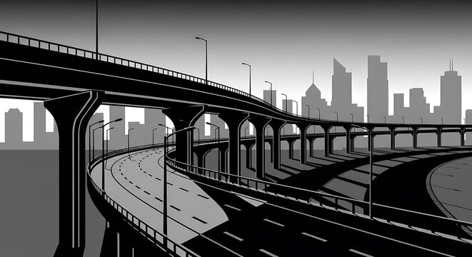 Cityscape with highway overpass bridge.