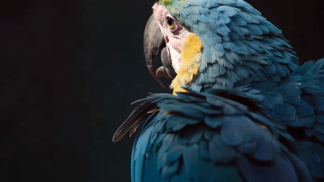 Close up of blue macaw parrot feathers on dark black background