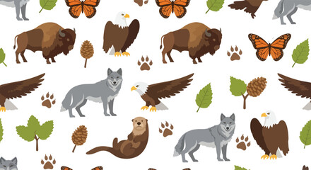 Fototapeta premium Woodland Animals Seamless Pattern with Fox, Bear, Deer, Owl and Leaves on White