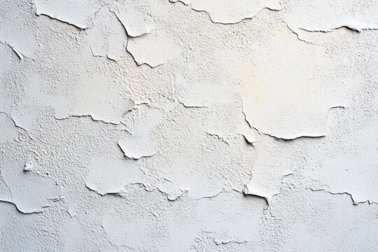 peeling white paint revealing rough textured plaster and flaking layers on a wall, aged and weathered with signs of neglect