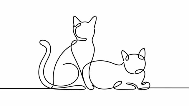 continuous single one line art drawing back view of Two cats, minimalist design ,minimalism animal pet of cat illustration.