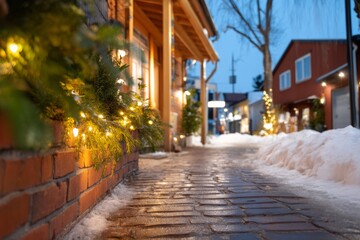 Fototapeta premium Serene Snowy Alleyway Adorned with Subtle Holiday Lights in Winter Evening Atmosphere