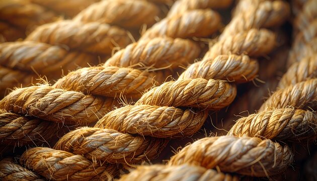 Close-up macro of coarse, natural fiber rope. Braided construction displays texture and details, with warm lighting and shallow focus