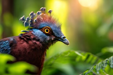 Fototapeta premium Stunning Portrait of a Victoria Crowned Pigeon with Vibrant Feathers in Nature