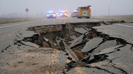 Fototapeta premium Asphalt road with long fissure and earthquake damage causing bad traffic concept. A damaged road caused by an earthquake, showcasing its impact.