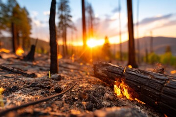 Obraz premium Charred Remains of a Forest Aftermath of a Wildfire at Sunset with Glowing Embers