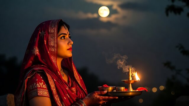 Indian bride in red saree praying with diya candles under full moon night traditional ritual spiritual evening