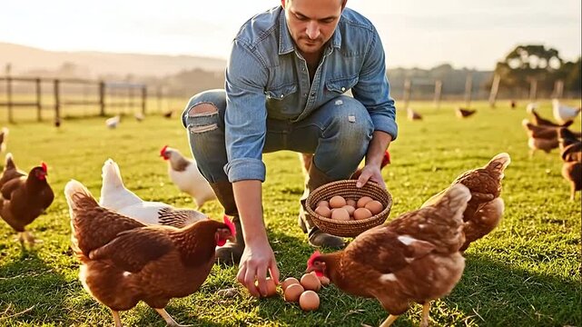 Caring man in a denim shirt crouching and collecting fresh eggs from chickens in a sunny green farm field, sustainable farming.