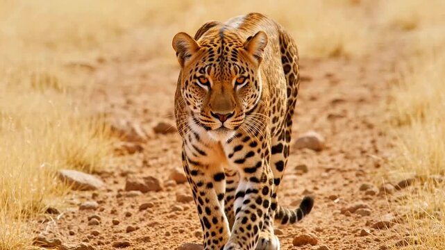 Powerful leopard walking straight towards camera in dry savanna. Impressive adult leopard (Panthera pardus) striding directly toward the viewer across golden dry savanna grassland