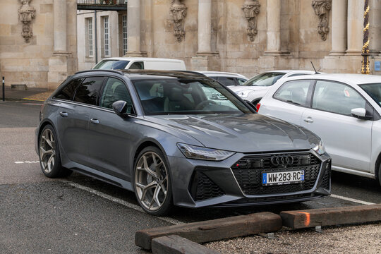 Nancy, France - February 21st 2026 : View on a grey Audi RS6 Avant C8 parked on a street next to other cars.