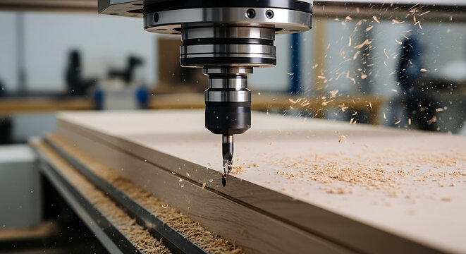 CNC machine cutting wood with sawdust flying creating a precision wooden panel