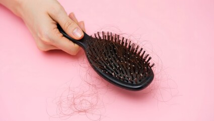 Hand Holding Hairbrush Full of Shed Hair on Pink Background