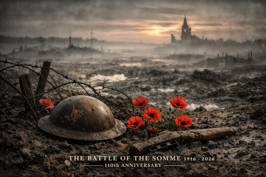 Battle of the Somme 110th anniversary commemorative battlefield landscape with rusted British Brodie helmet barbed wire remembrance poppies trench silhouettes 1916 Great War