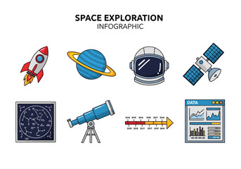 Space Exploration Infographic with Rocket, Saturn, Astronaut Helmet, Satellite, Telescope, and Data Chart © Donjuan Studio
