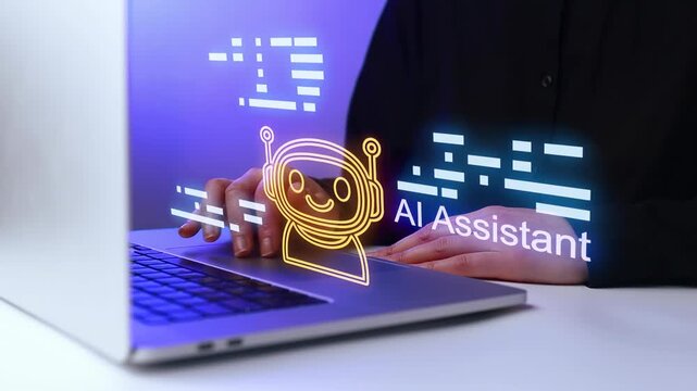 Person using a laptop with an AI assistant graphic on the screen in a modern workspace at night.